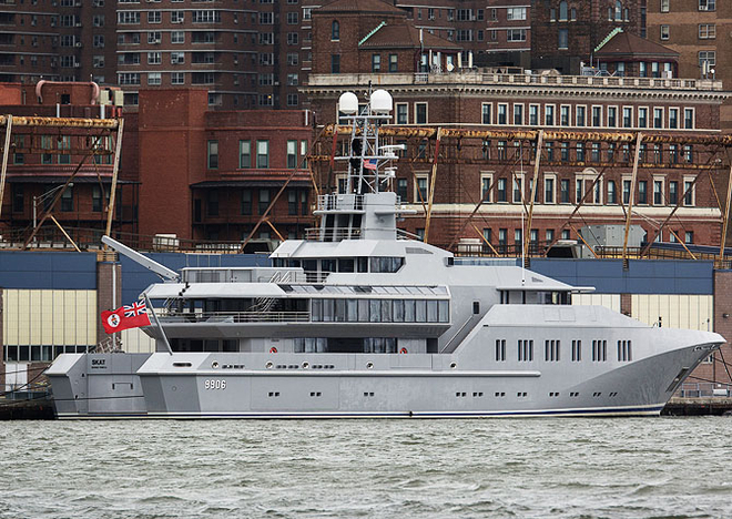 Charles Simonyi luxury yacht Skat seen docked in Manhattan, NY